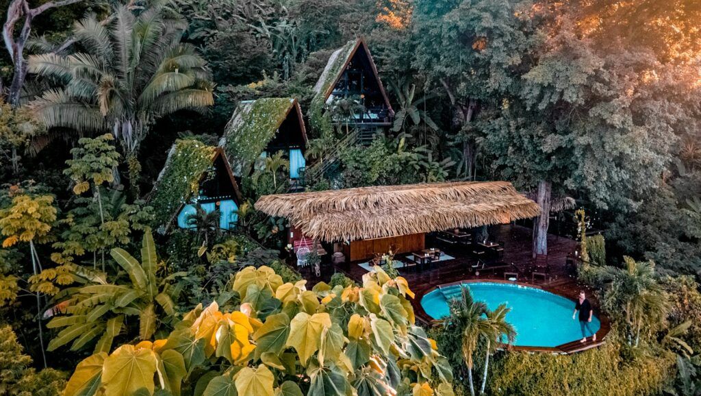 an aerial view of a resort with a pool surrounded by trees