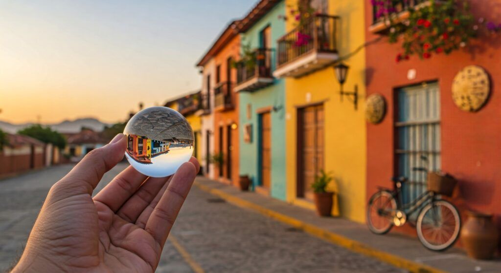 A hand holding a crystal ball, capturing the reflection of a colorful Latin American village with vibrant houses, balconies, and flowers.
