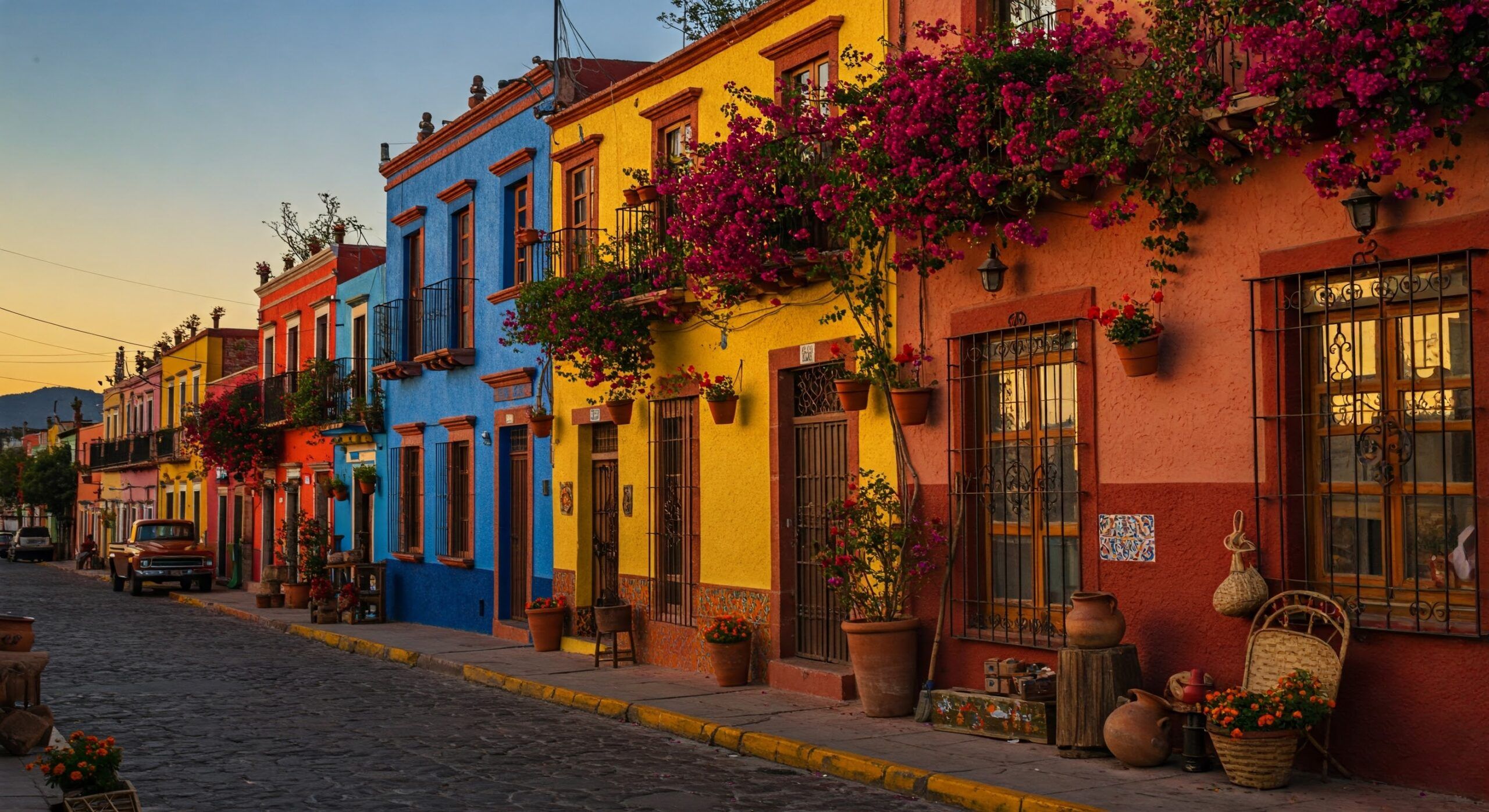 A row of vibrant Mexican houses under a late afternoon sky, painted in blue, yellow, and terracotta, with flower pots and a vintage truck in the foreground