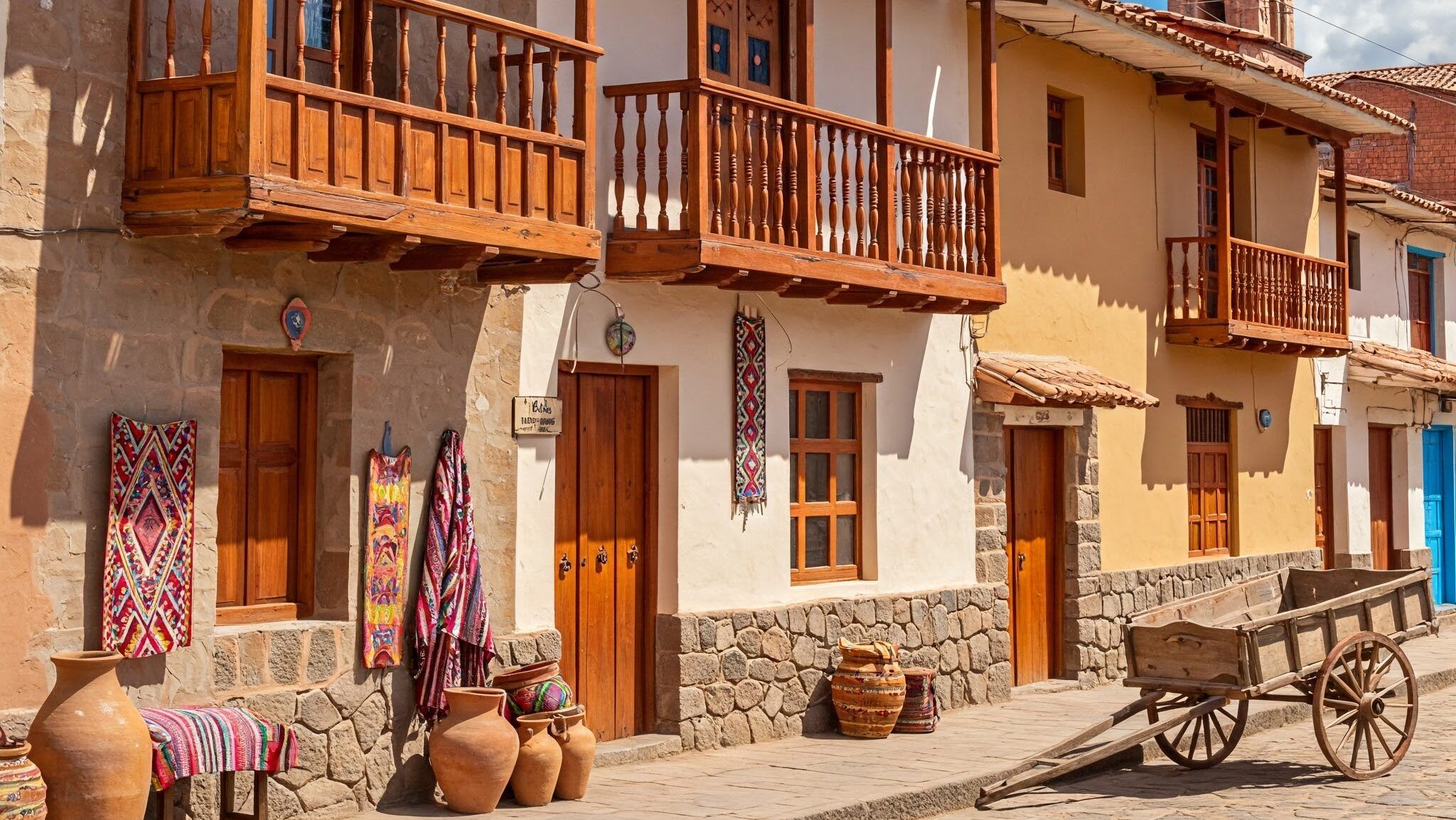 A row of colorful Peruvian houses in mid-afternoon light, featuring wooden balconies and flower pots, with a wooden cart and woven rugs in the foreground.